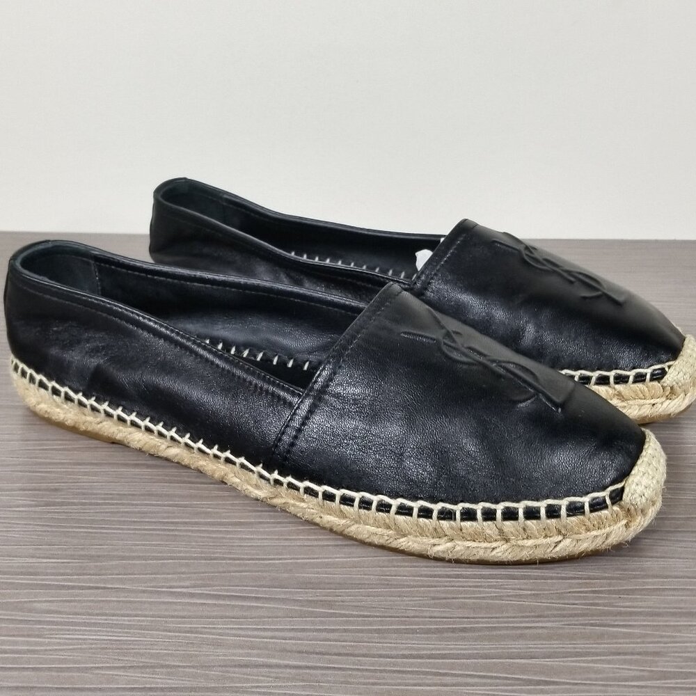 Yves Saint Laurent Logo Espadrille Flats, Black Leather, Womens Size 7 M / 37.5